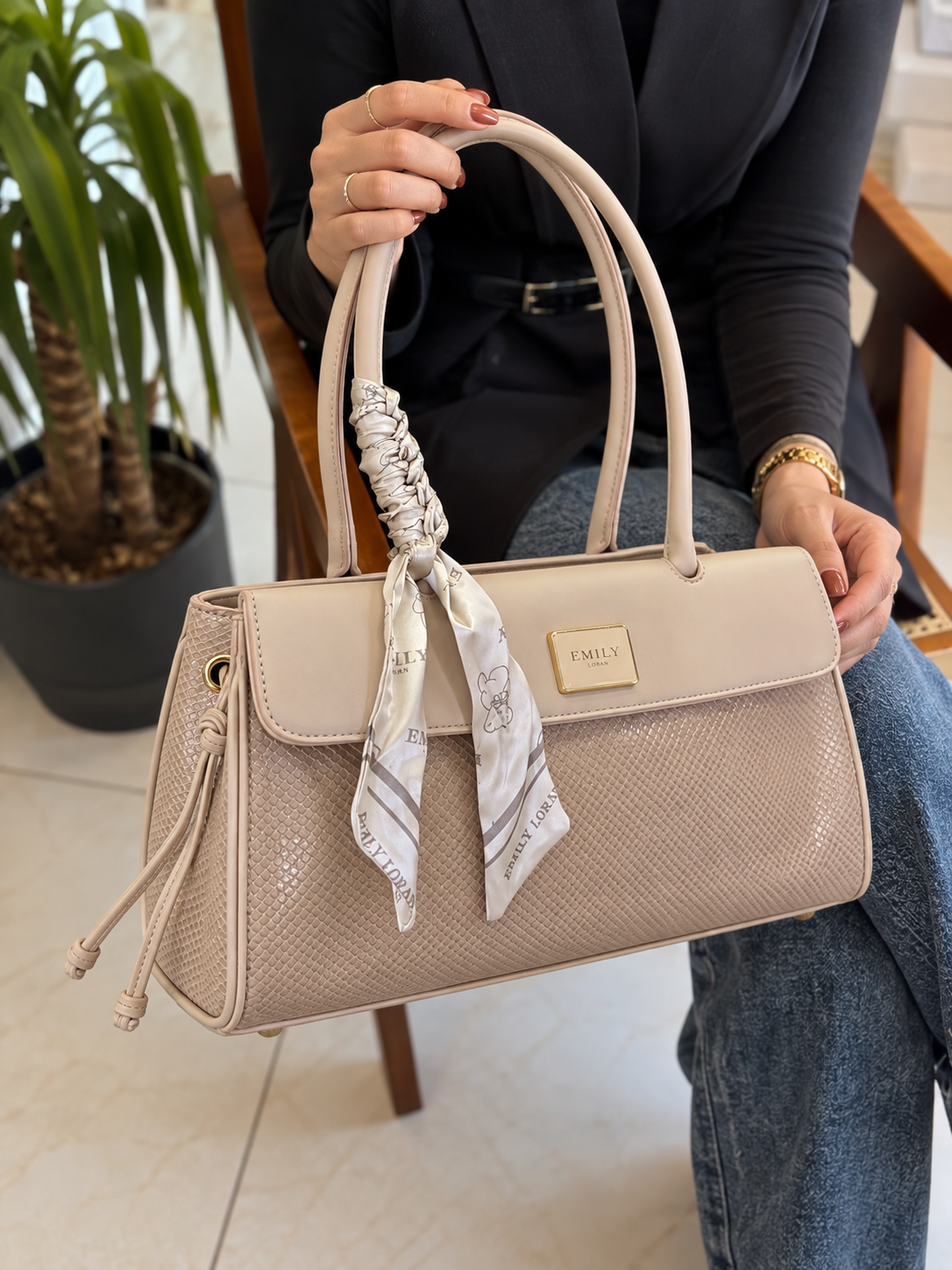 Emily Loran Croc-Embossed Handbag with Silk Scarf