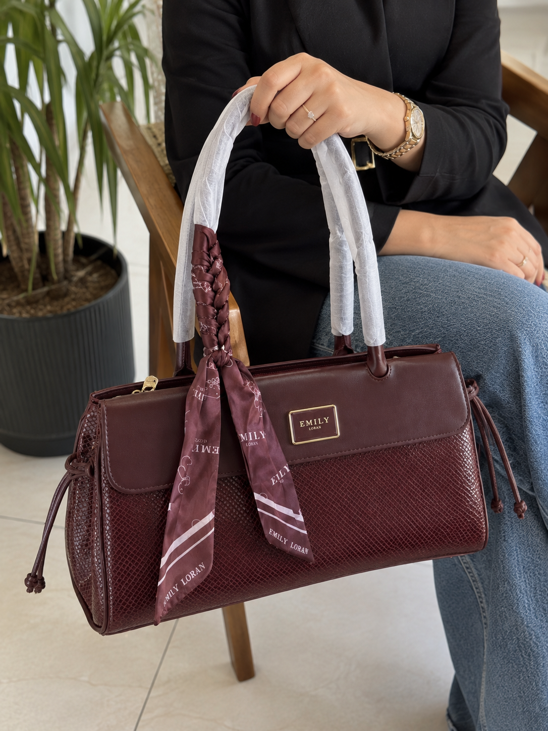 Emily Loran Croc-Embossed Handbag with Silk Scarf