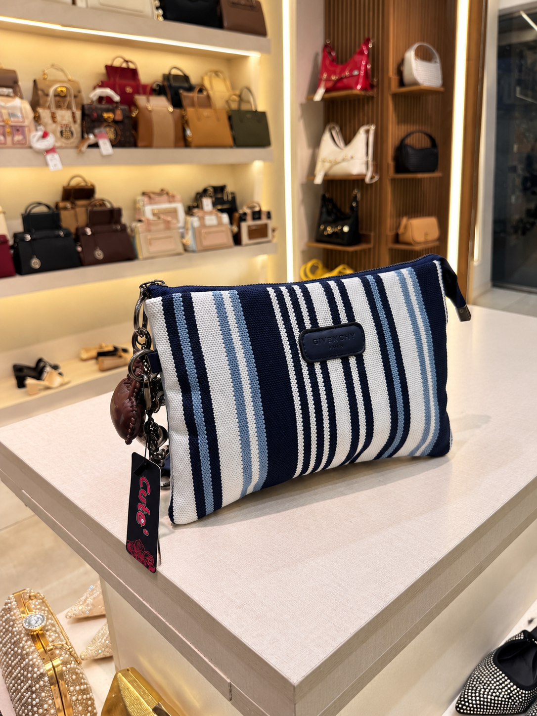 Striped Canvas Crossbody Clutch with Chain Strap