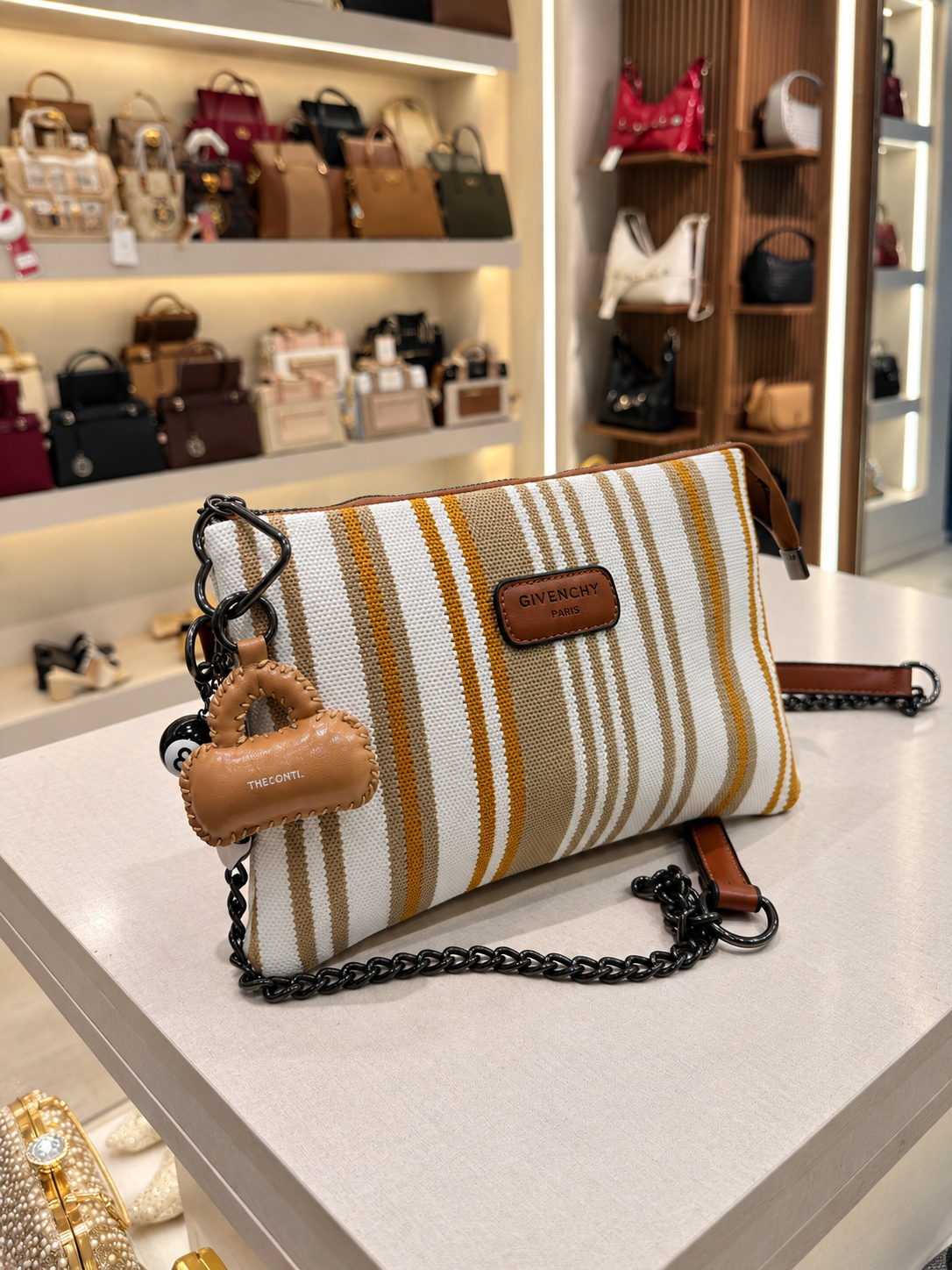 Striped Canvas Crossbody Clutch with Chain Strap
