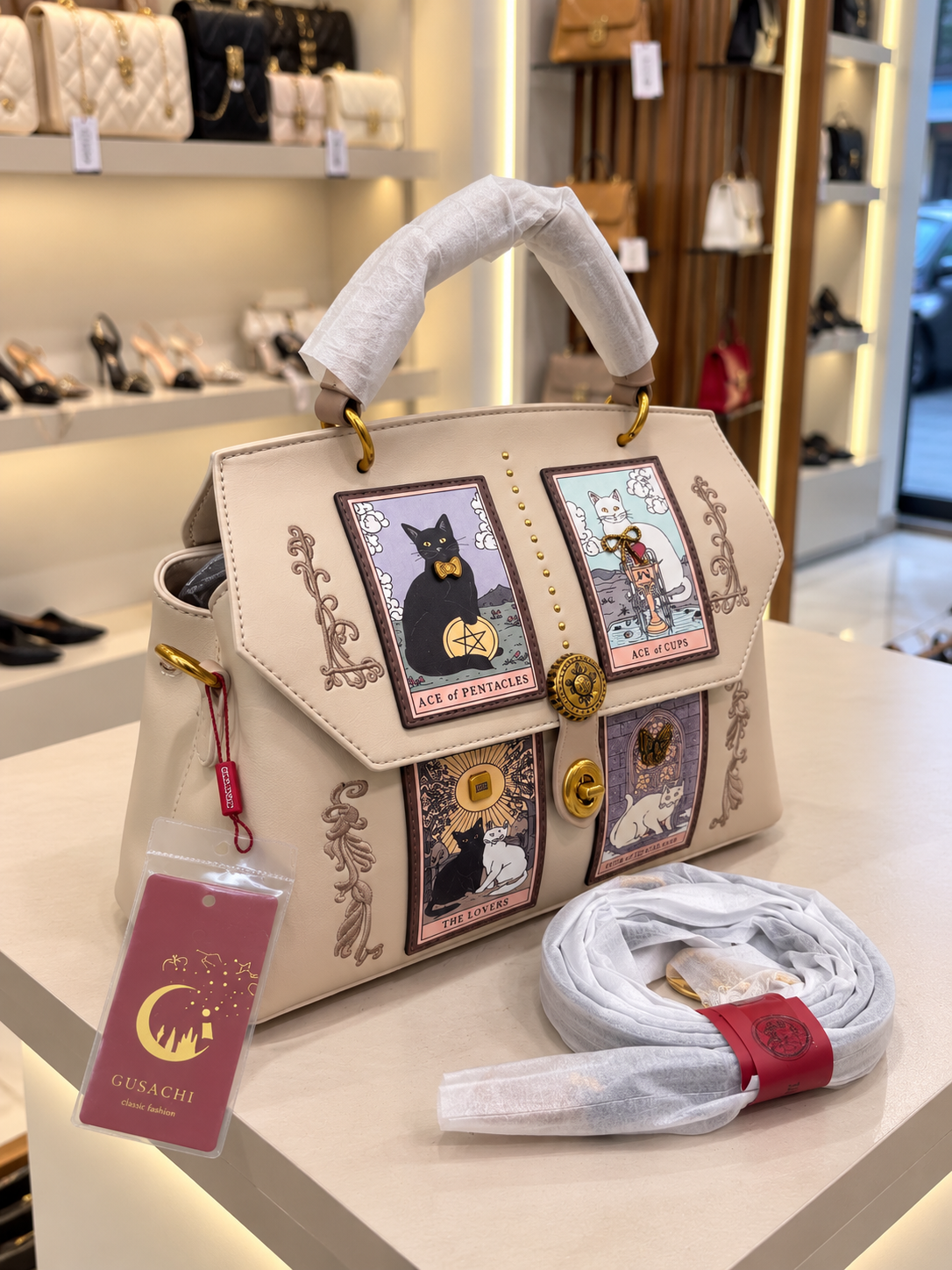 Luxury Cat Tarot Pattern Top-Handle Bag