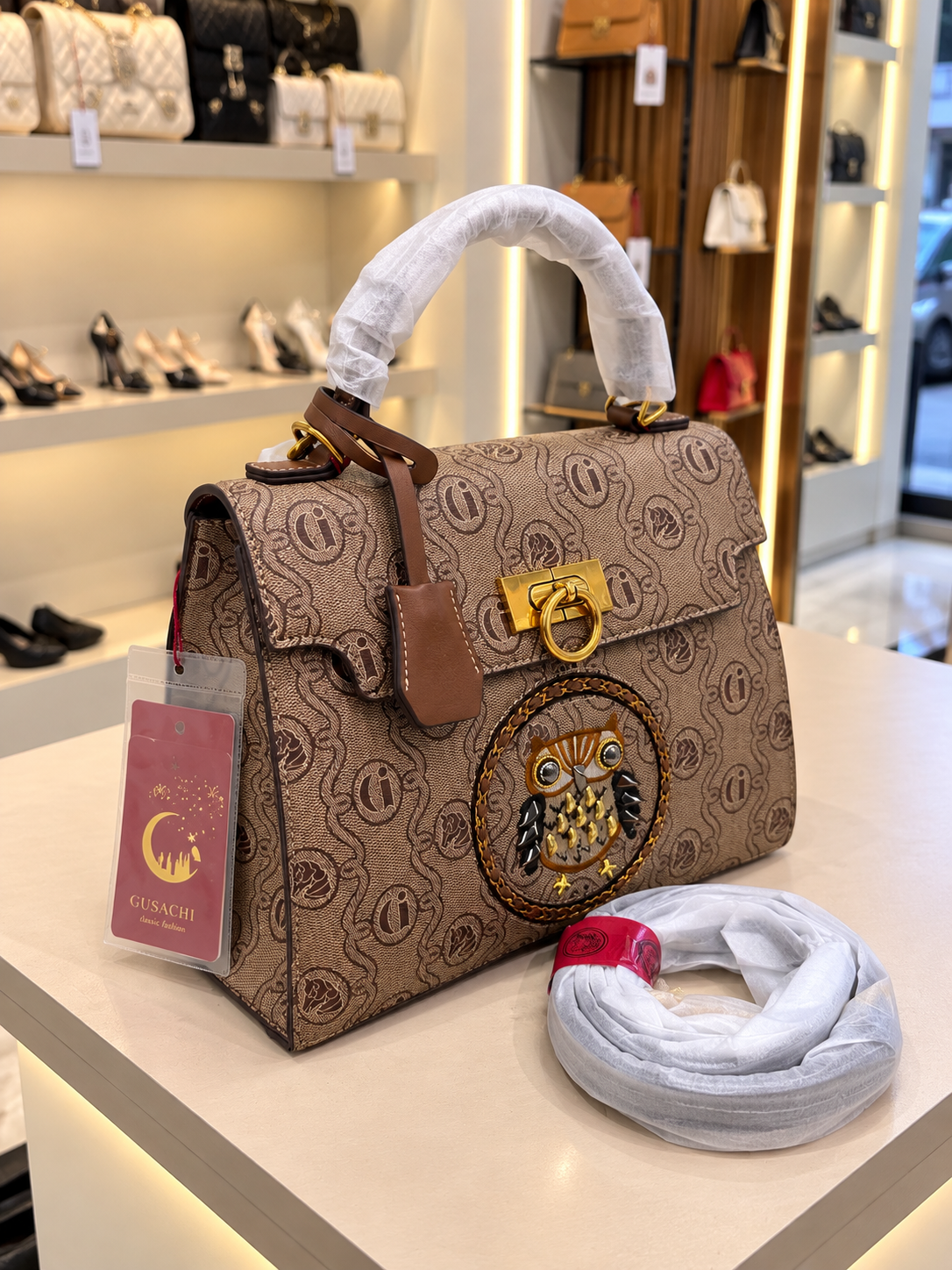Elegant Monogram Satchel with Owl Detail