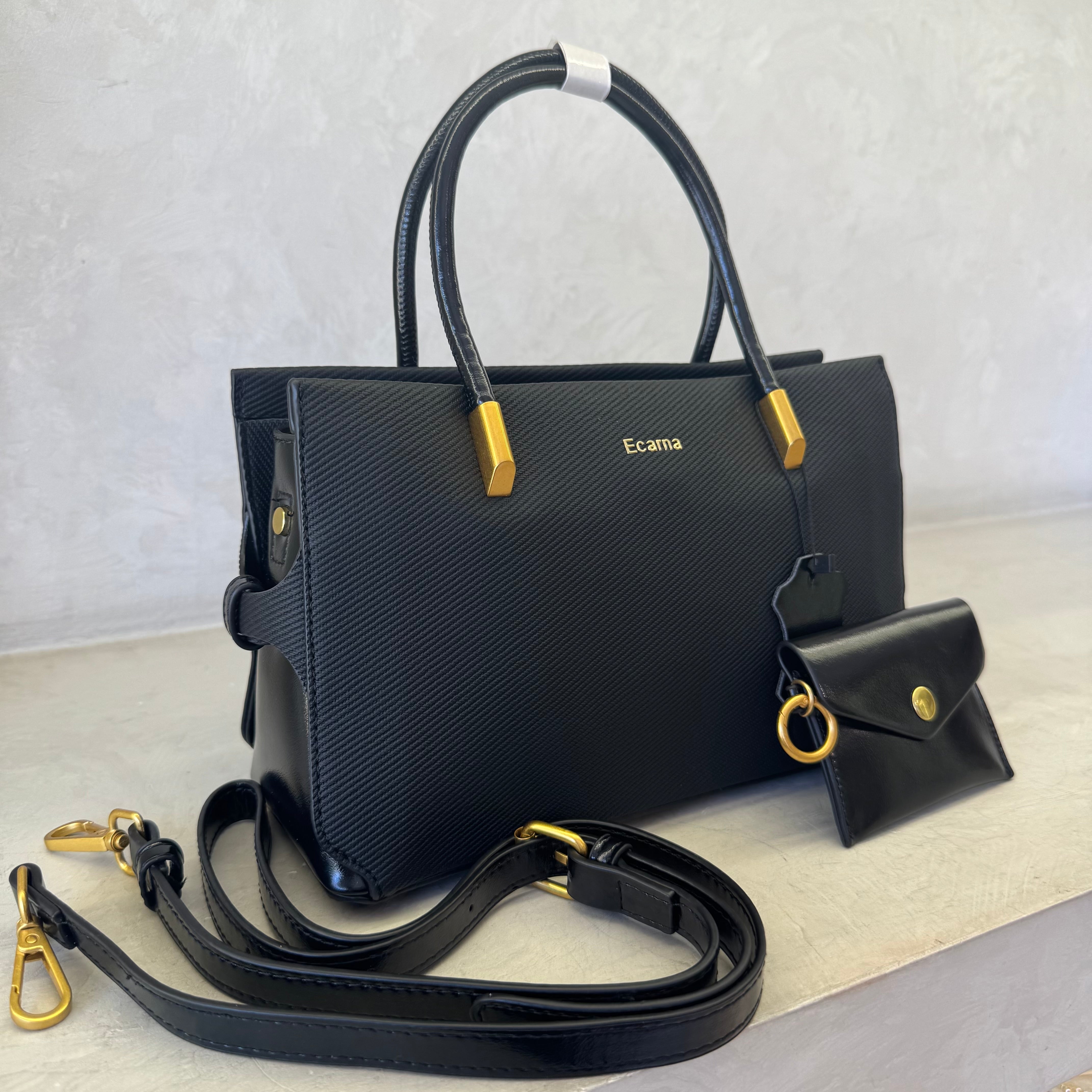 Ecama Textured Leather Tote Bag with Matching Pouch