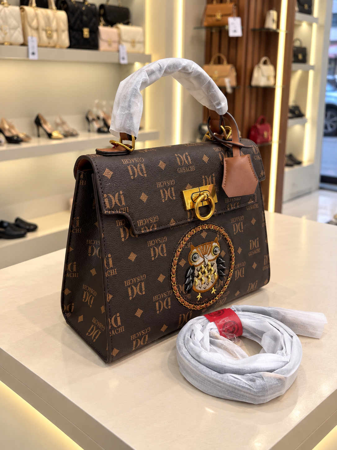 Elegant Monogram Satchel with Owl Detail