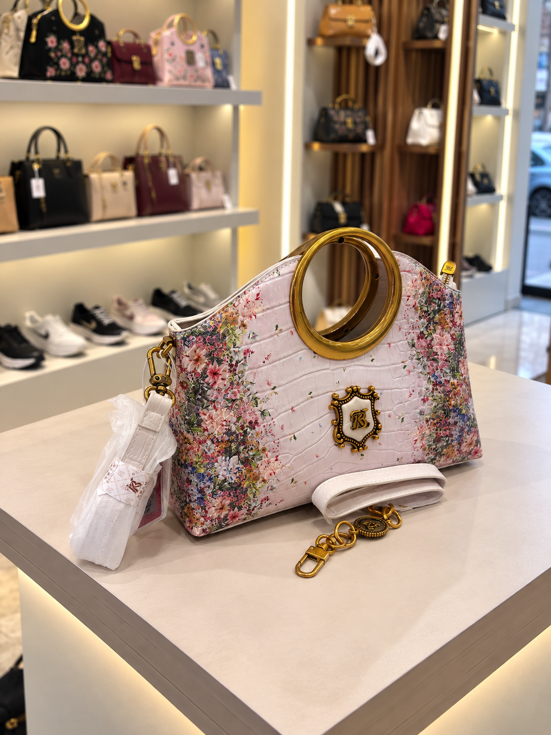 Crocodile-Embossed Floral Top-Handle Bag