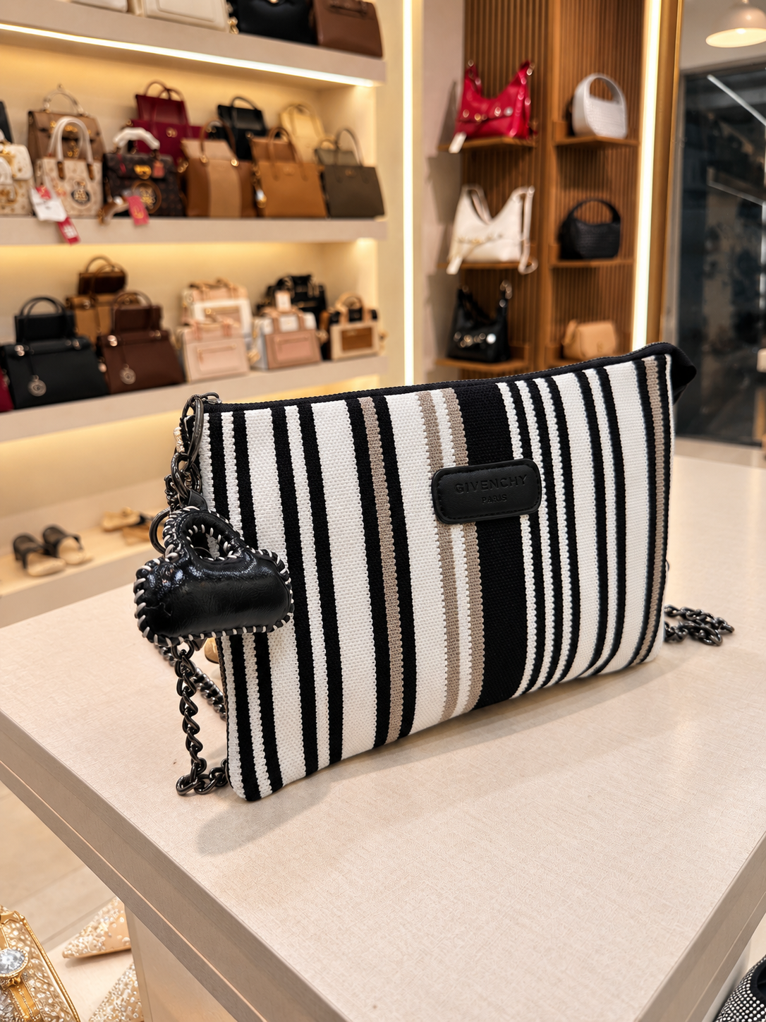 Striped Canvas Crossbody Clutch with Chain Strap