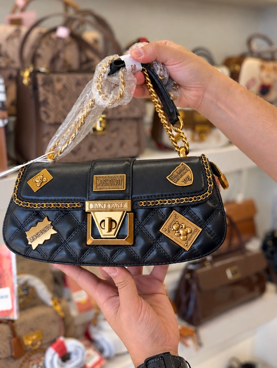 Two-Tone Quilted Flap Shoulder Bag with Badges