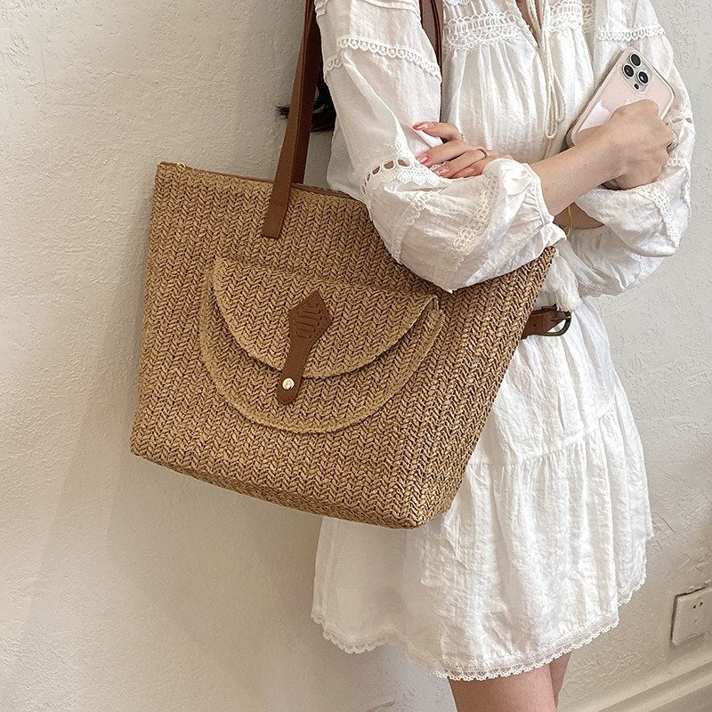 Handwoven Straw Tote Bag with Leather Straps