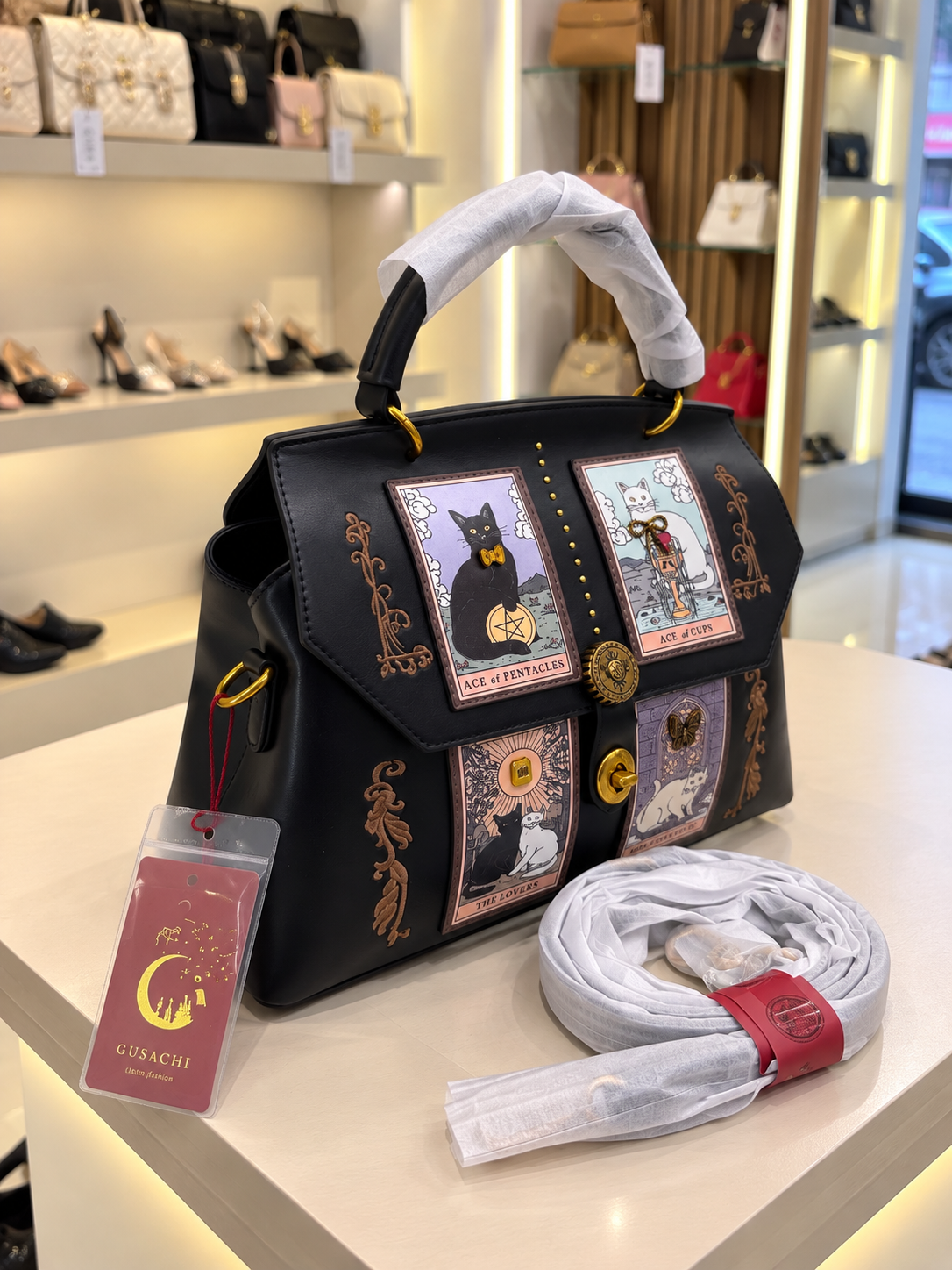 Luxury Cat Tarot Pattern Top-Handle Bag