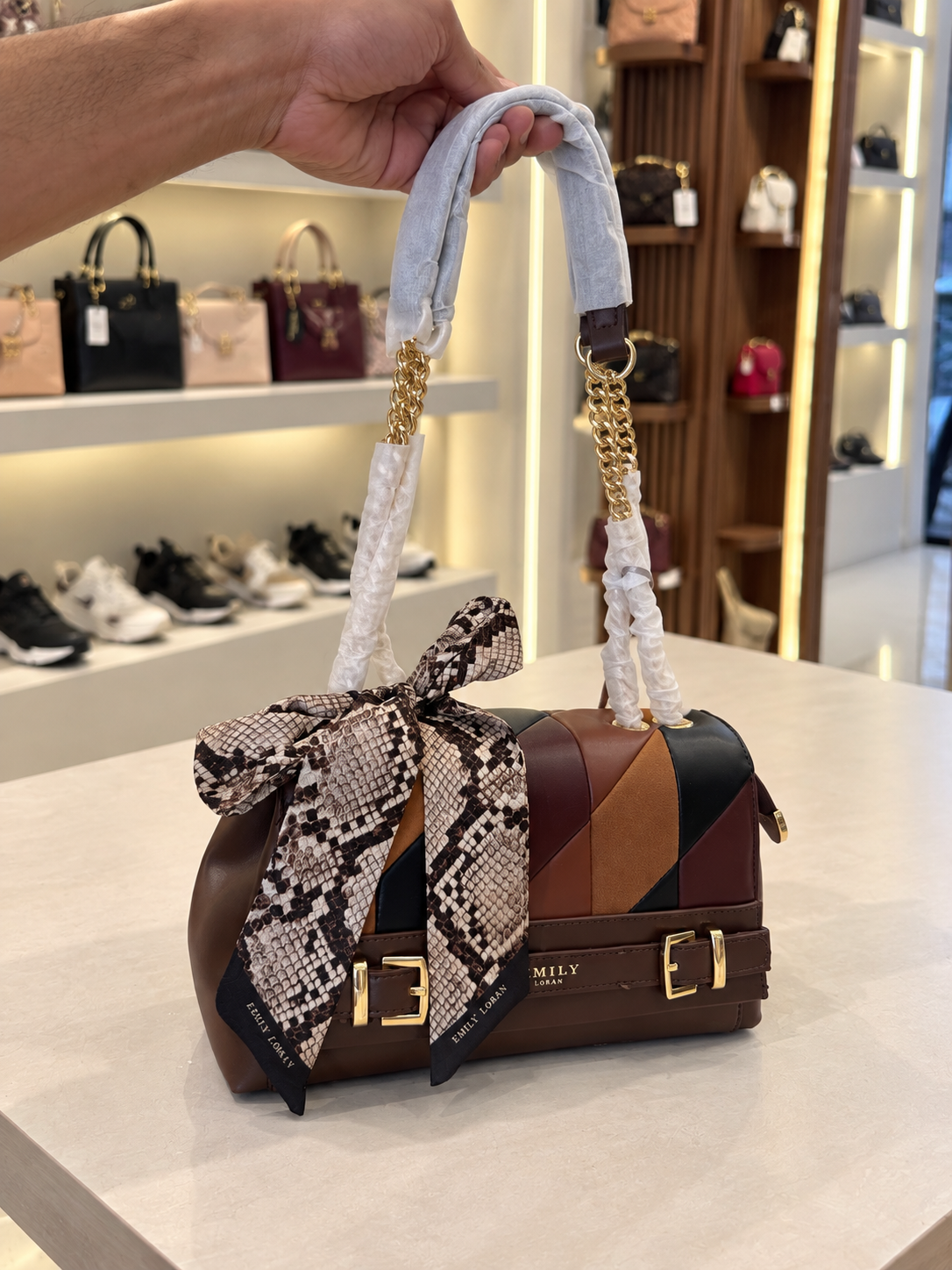 Emily Loran Snake Print Panel Satchel Bag