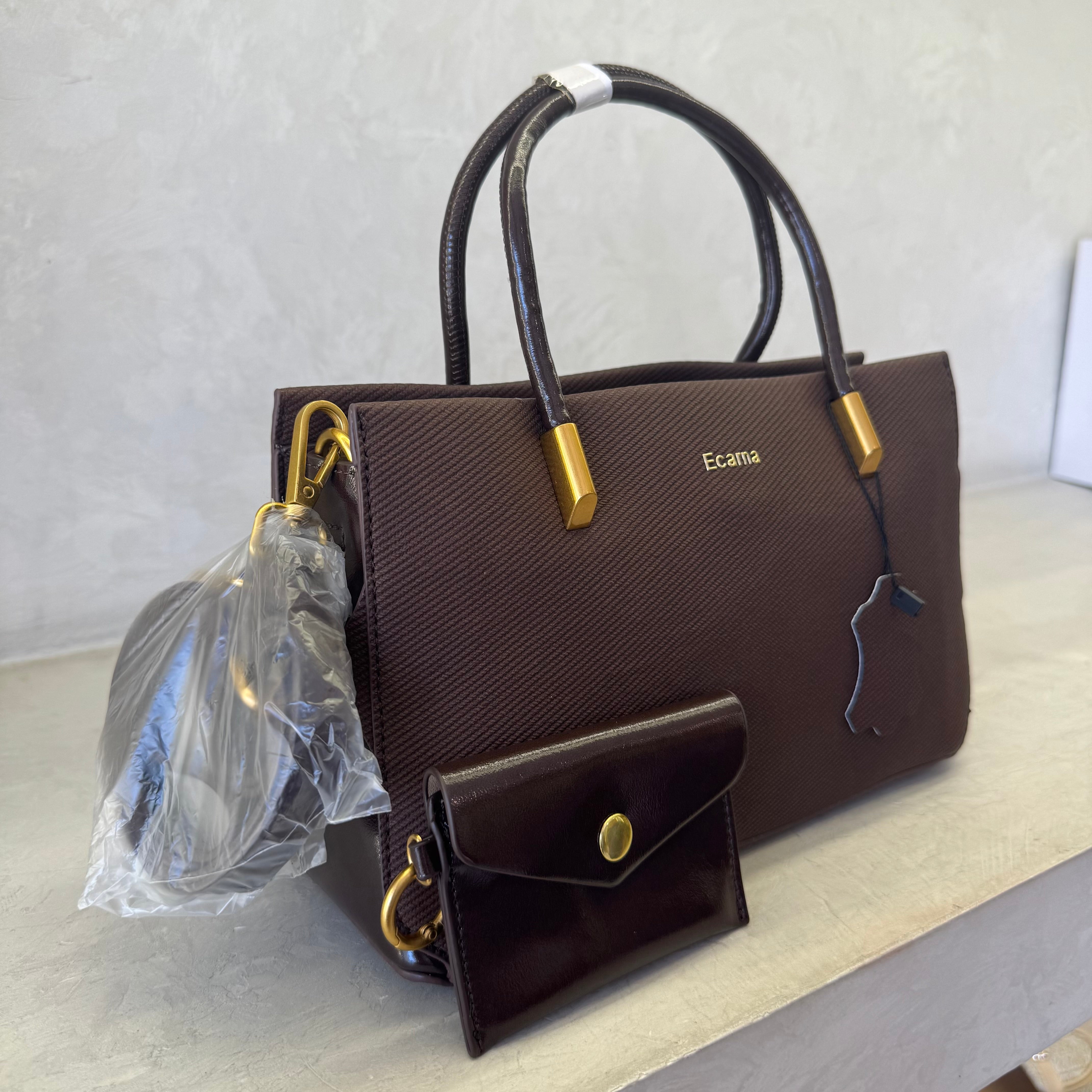 Ecama Textured Leather Tote Bag with Matching Pouch