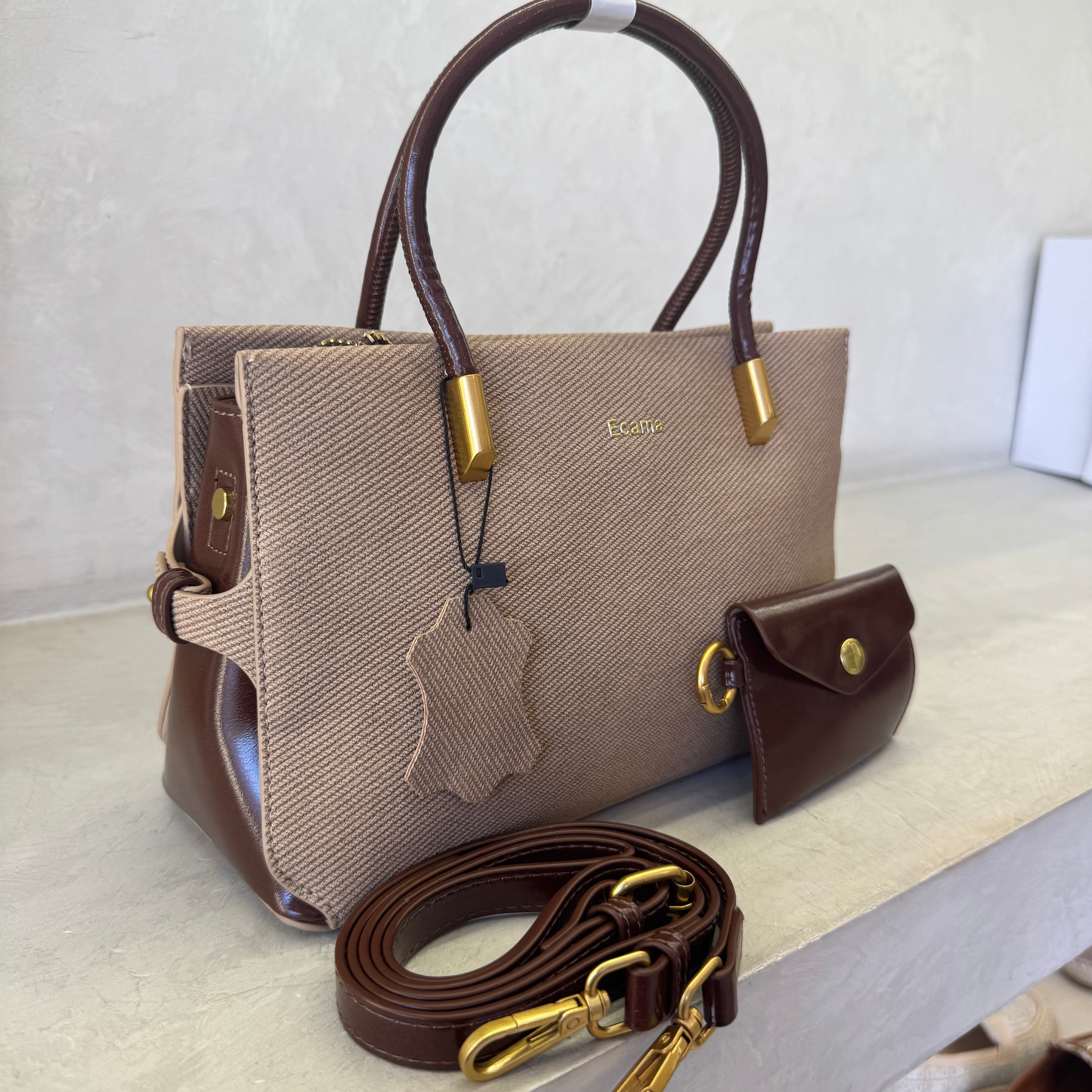 Ecama Textured Leather Tote Bag with Matching Pouch