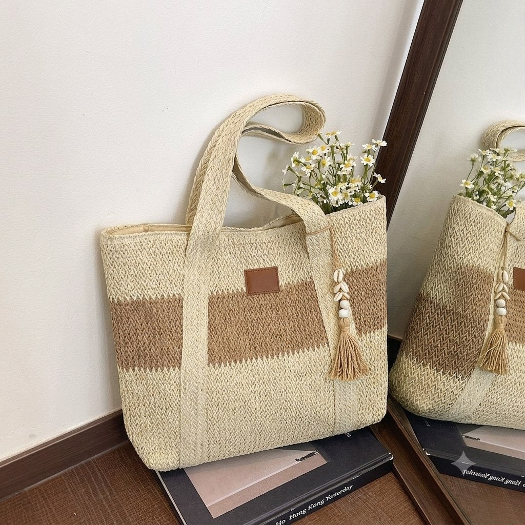 Woven Straw Tote Bag with Tassels