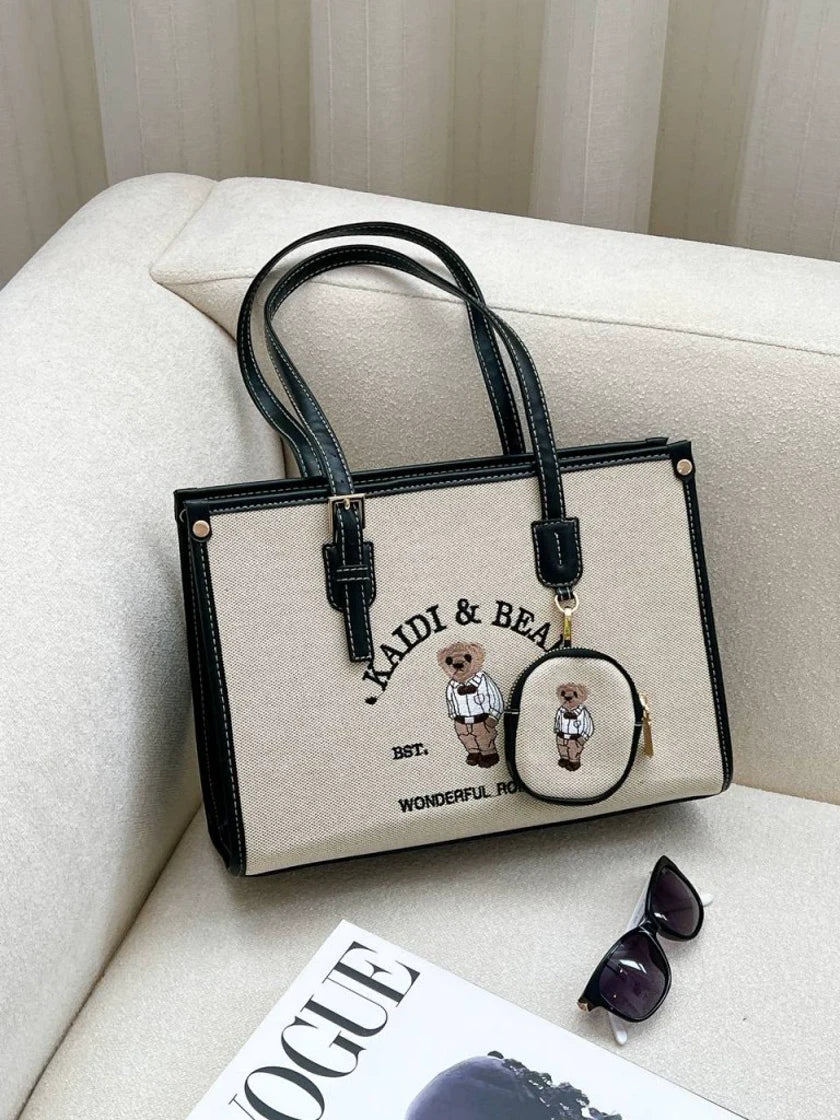 Kaidi & Bear Embroidered Bear Canvas Tote Bag