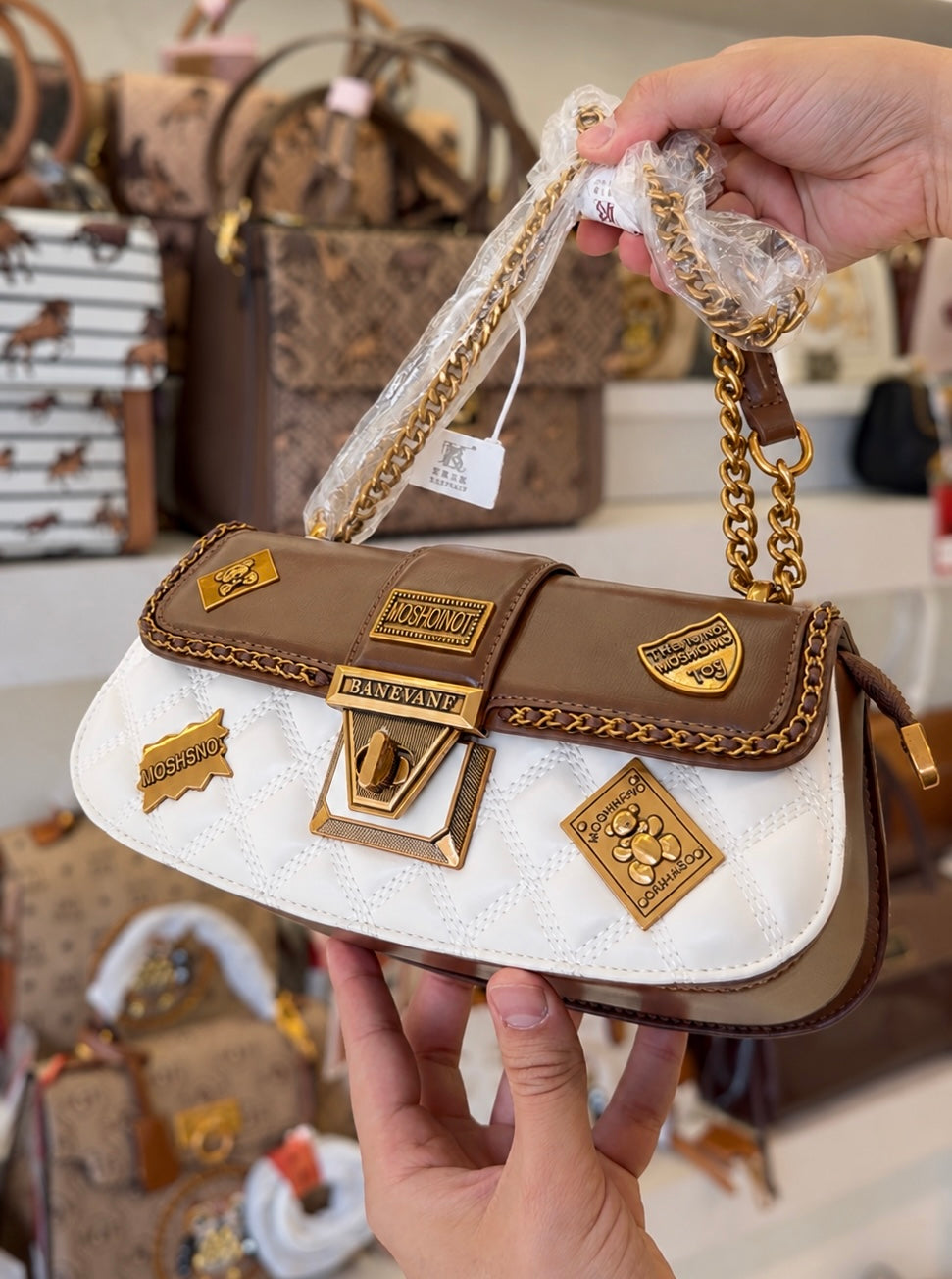 Two-Tone Quilted Flap Shoulder Bag with Badges