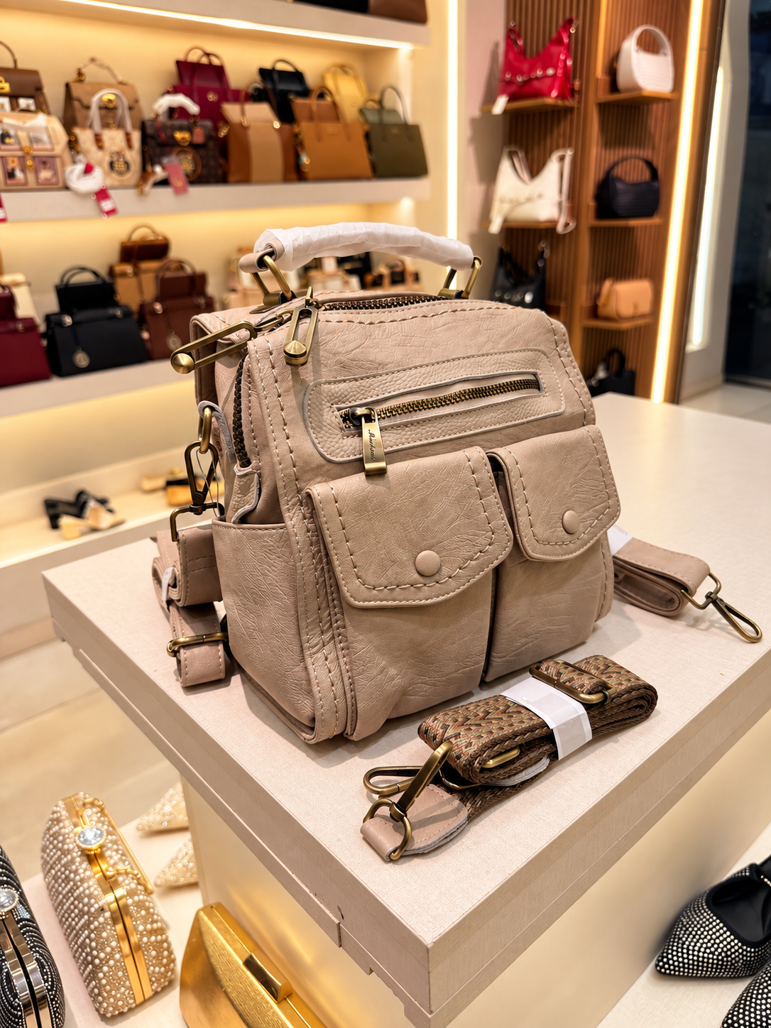 Multi-Functional Washed Leather Convertible Backpack