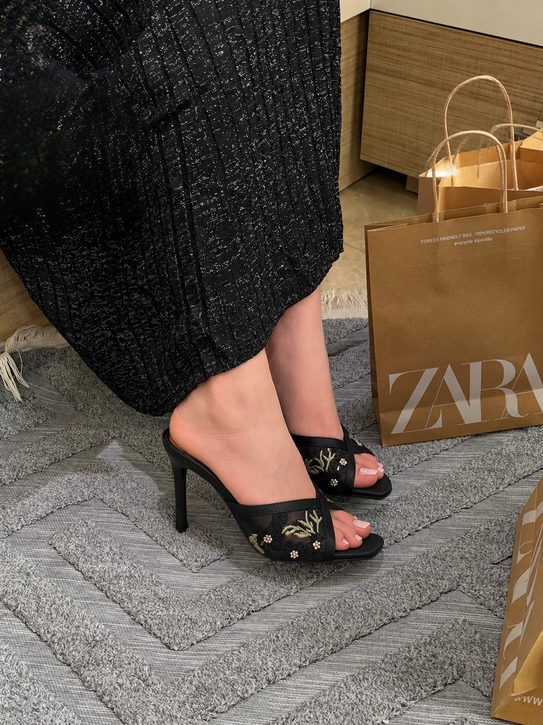 Embroidered Mesh Heeled Mules