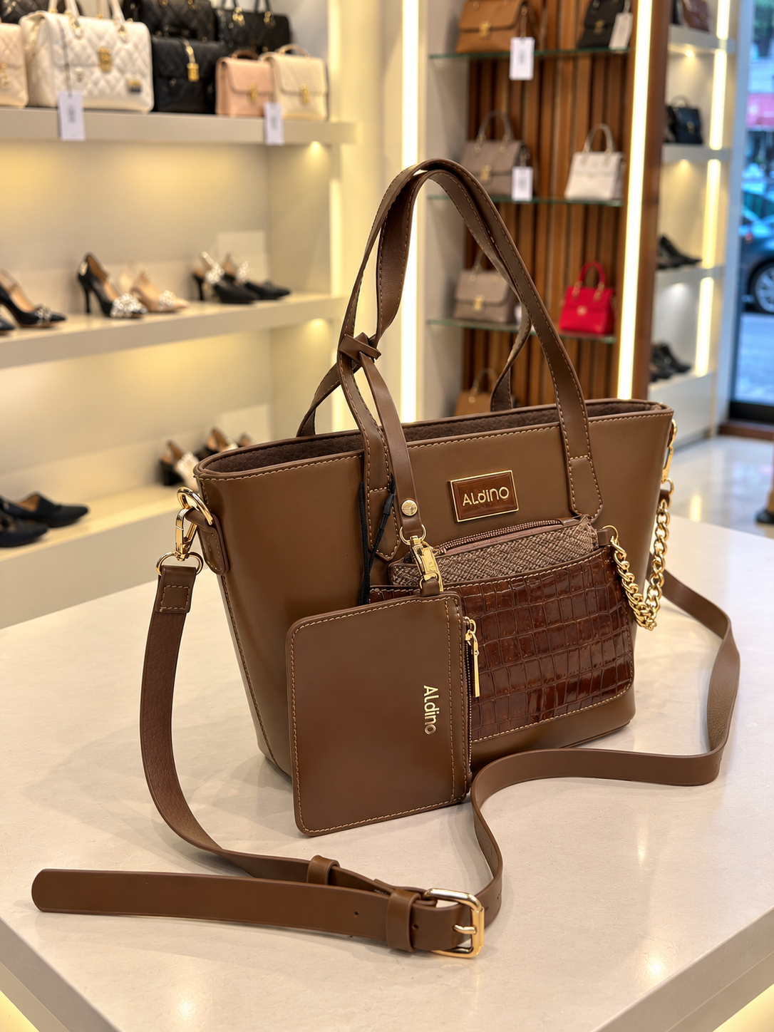 Aldino 3-in-1 Textured Leather Tote Bag Set with Pouch