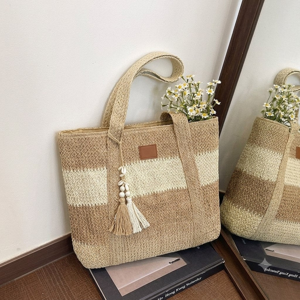Woven Straw Tote Bag with Tassels