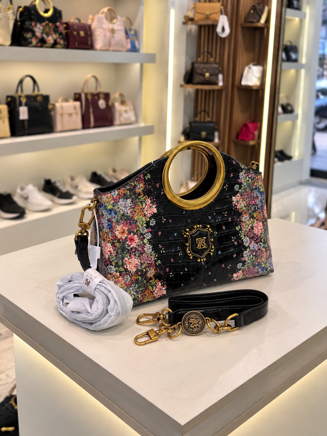 Crocodile-Embossed Floral Top-Handle Bag
