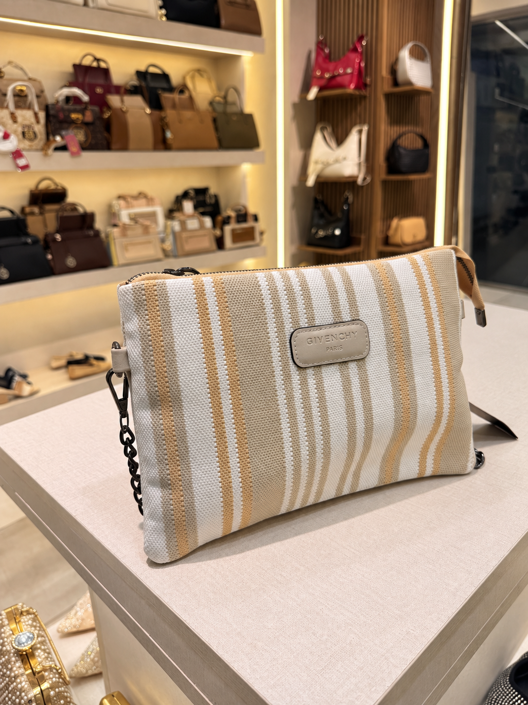 Striped Canvas Crossbody Clutch with Chain Strap