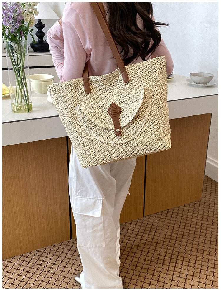 Handwoven Straw Tote Bag with Leather Straps