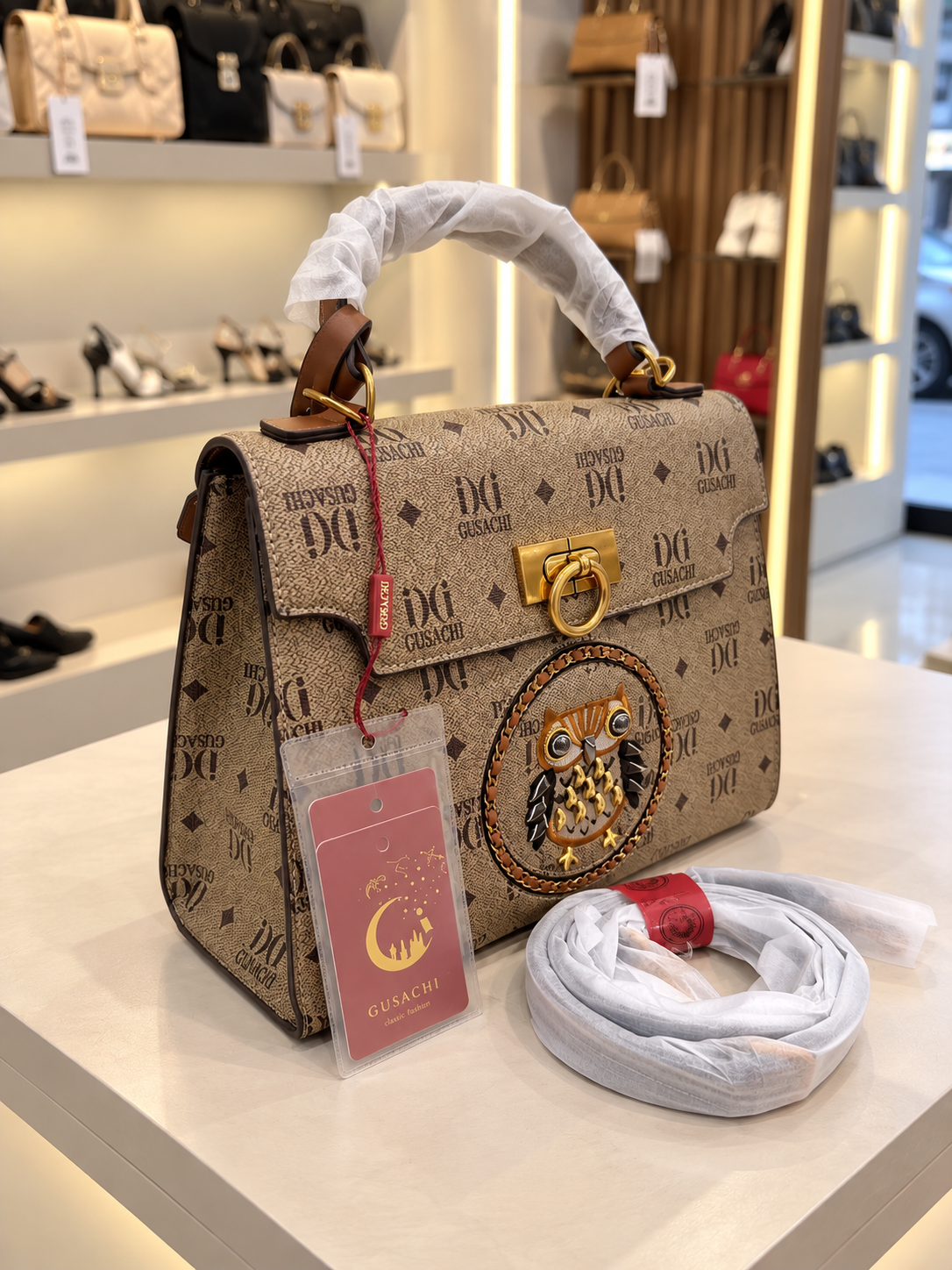 Elegant Monogram Satchel with Owl Detail