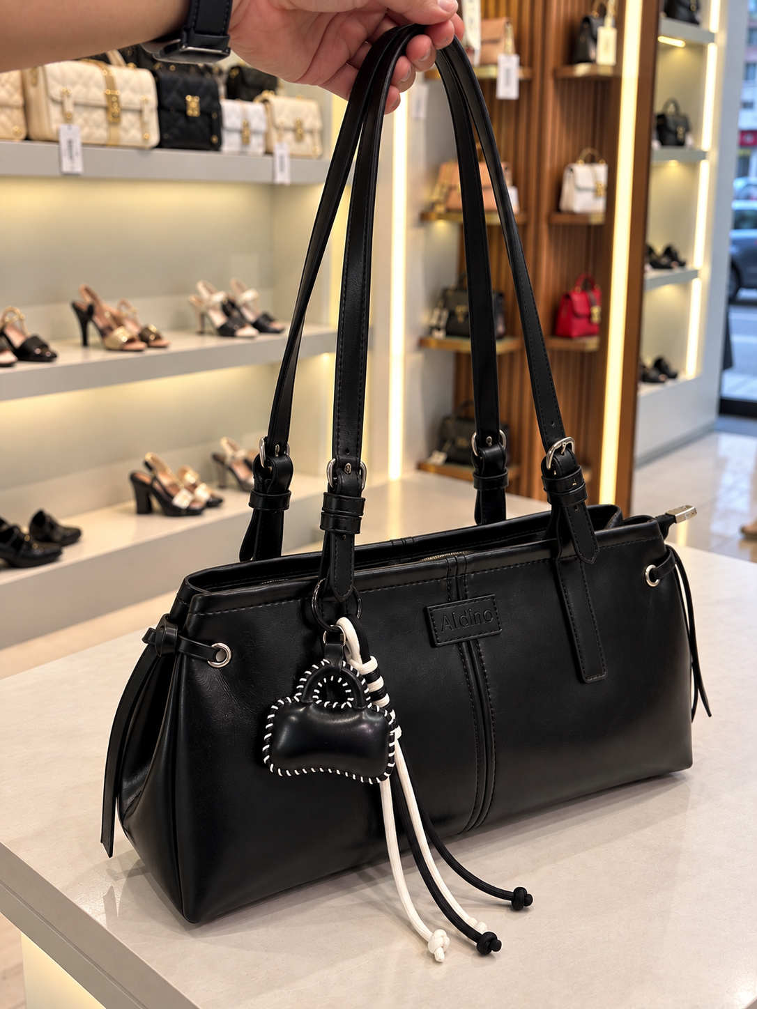 Aldino Faux Leather Shoulder Bag with Hanging Charm