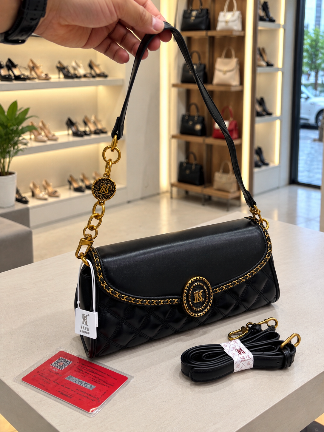 Quilted Baguette Bag with Round Buckle